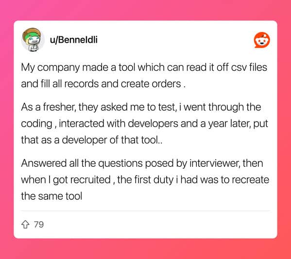 Reddit post about claiming developer credit for a workplace tool only tested as a fresher then being hired to rebuild it