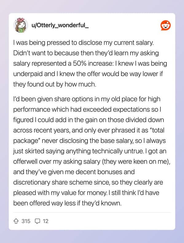 Reddit post about job candidate reframing underpaid salary as total compensation package to land higher offer