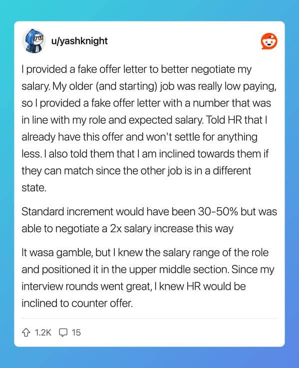 Reddit post about using a fake competing offer letter to negotiate a 2x salary increase at new job