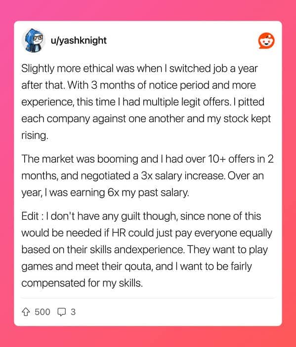 Reddit user yashknight follow up post about pitting 10 job offers against each other to achieve 6x salary over one year