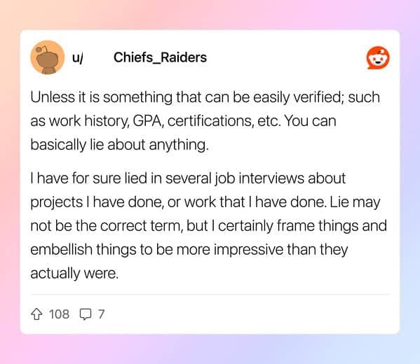 Reddit post explaining job candidates can embellish unverifiable work history and project contributions in interviews