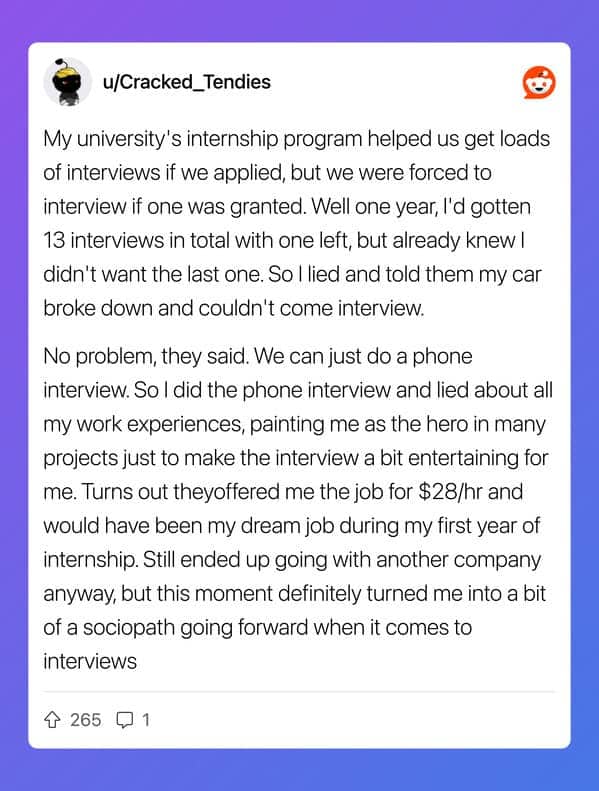 Reddit story about lying through an unwanted internship phone interview and accidentally getting offered dream job anyway