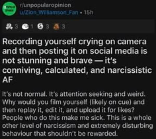 Reddit unpopular opinion post condemning people who record themselves crying on social media