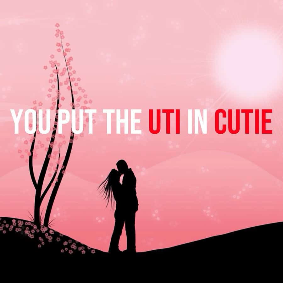 Pink romantic sunset silhouette of couple kissing with unflattering pun about UTIs in cutie.