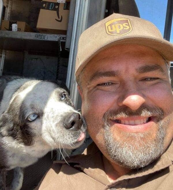 UPS driver takes selfie with cheerful blue-eyed Australian shepherd dog in truck