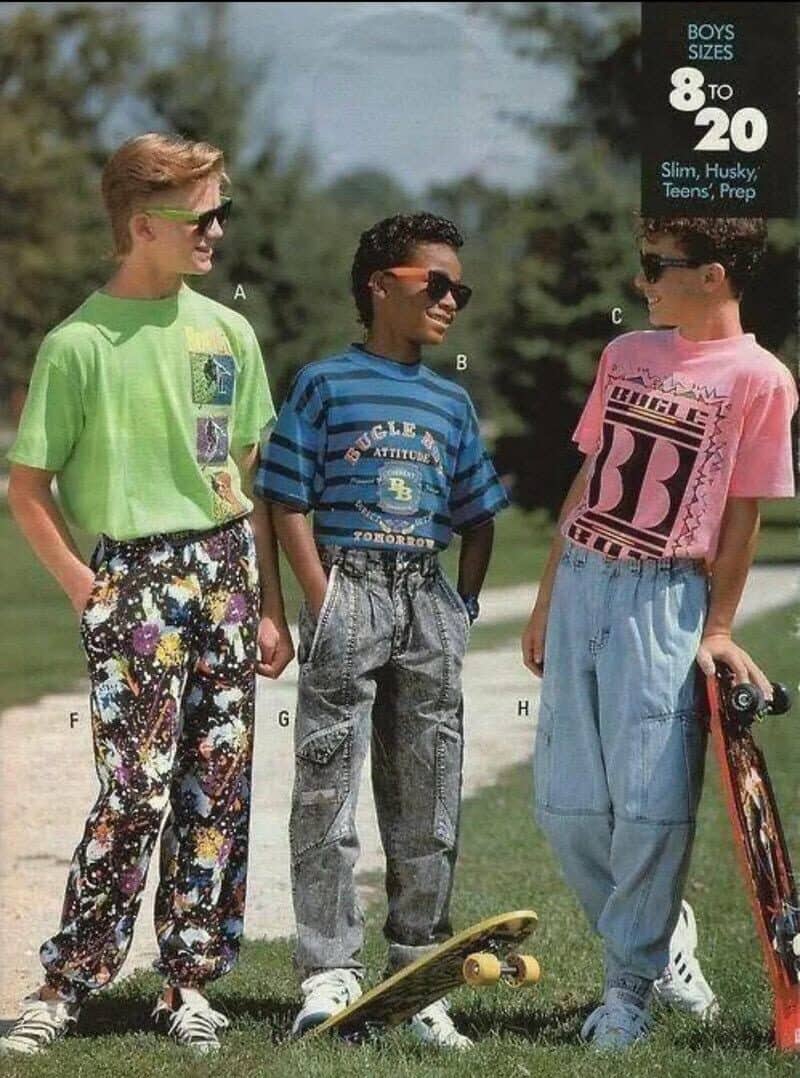 Vintage Sears catalog page featuring 1990s boys in neon shirts, splatter pants, and acid wash jeans.