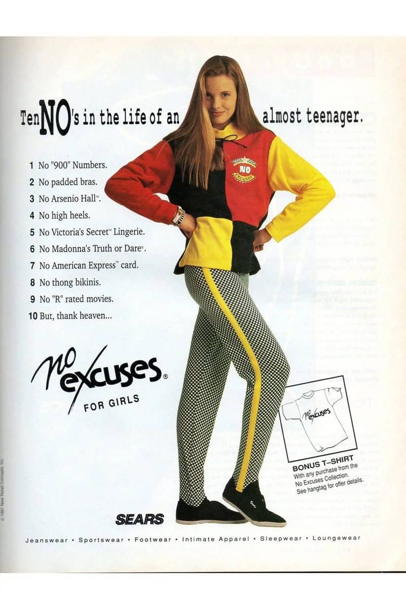 1991 Sears No Excuses for Girls catalog ad listing ten things almost-teenagers can't have.