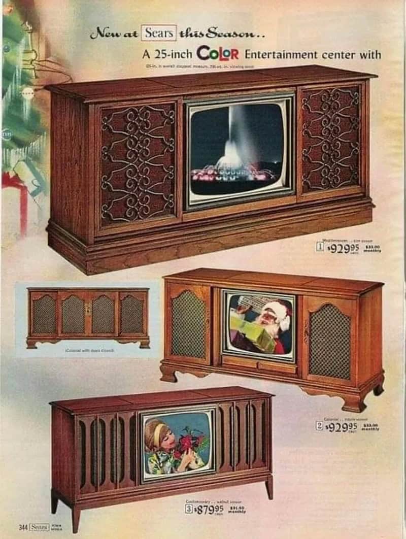 Vintage Sears catalog page featuring large wooden console color televisions priced over $900 each.