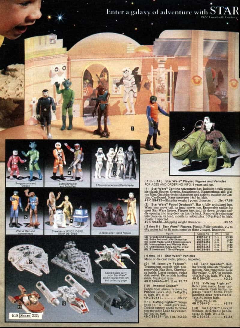 Vintage 1977 Sears catalog page advertising original Star Wars action figures, vehicles, and Cantina playset.