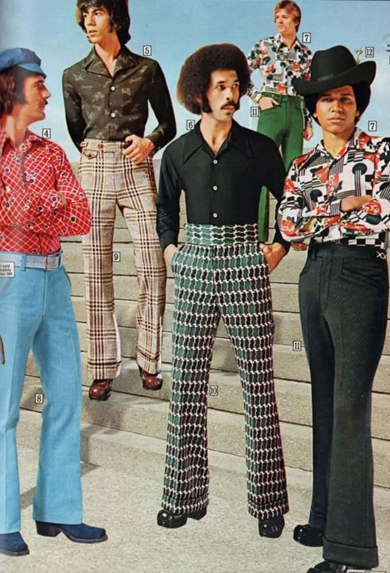 1970s Sears catalog spread showcasing men's polyester shirts, plaid pants, and bold patterned bell-bottoms.