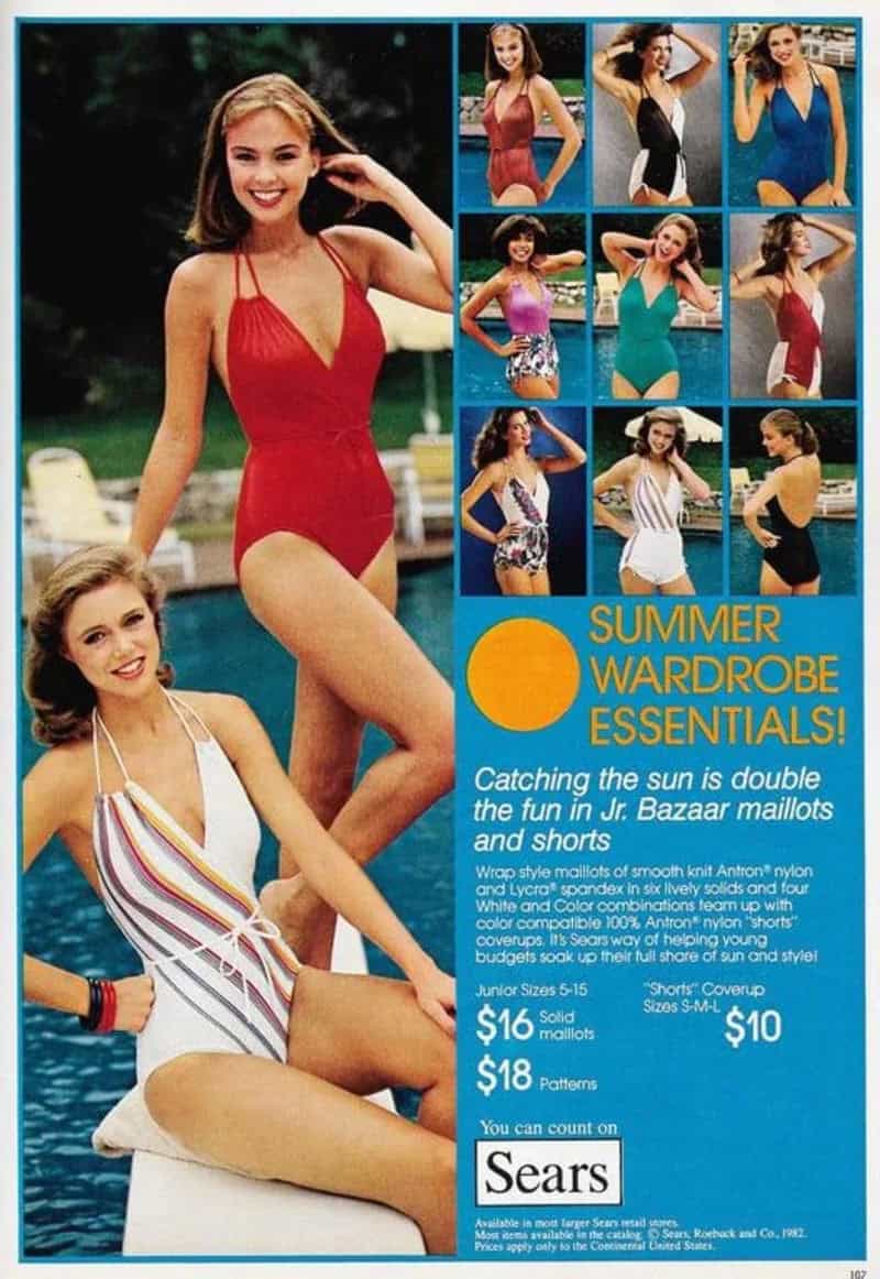 1982 Sears Summer Wardrobe Essentials catalog page featuring women modeling colorful one-piece swimsuits poolside.