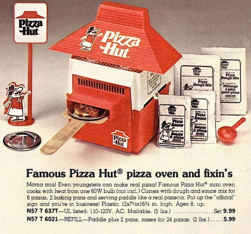 Vintage Sears catalog page advertising the Pizza Hut toy oven set with dough mix and tiny baking pans.