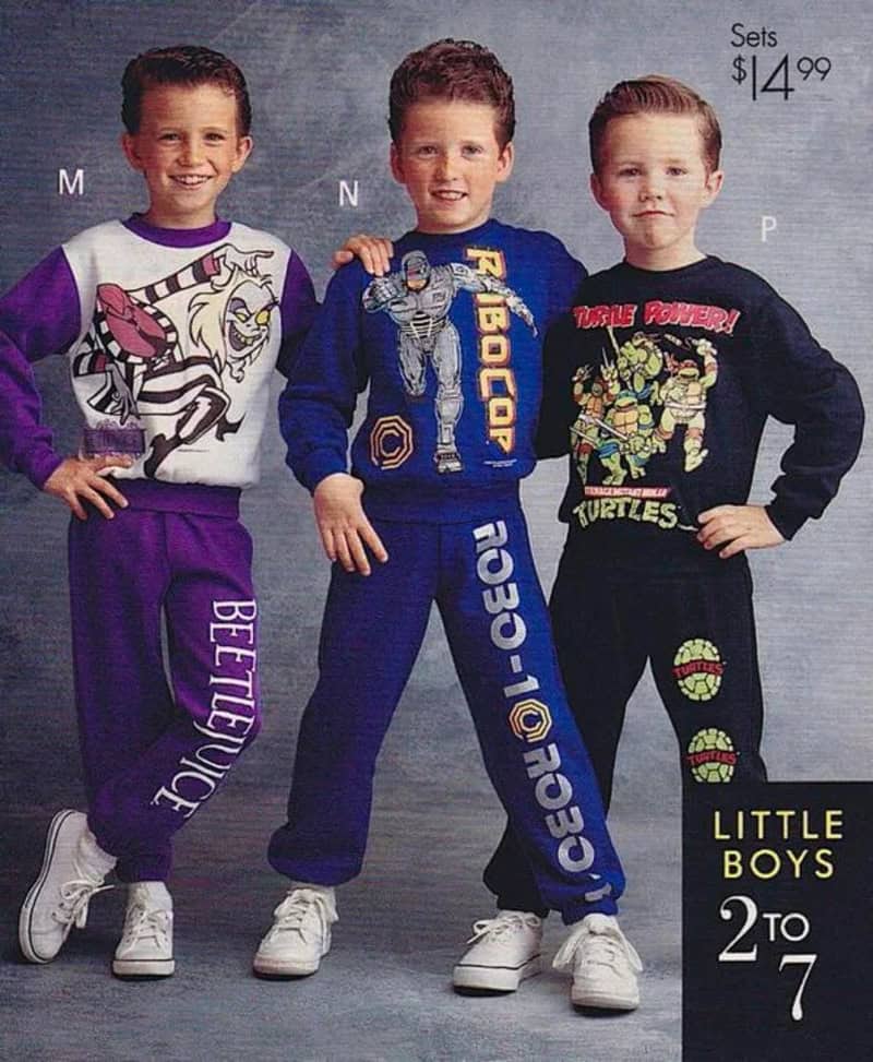Vintage Sears catalog page featuring little boys modeling Beetlejuice, RoboCop, and Ninja Turtles sweatsuit sets.