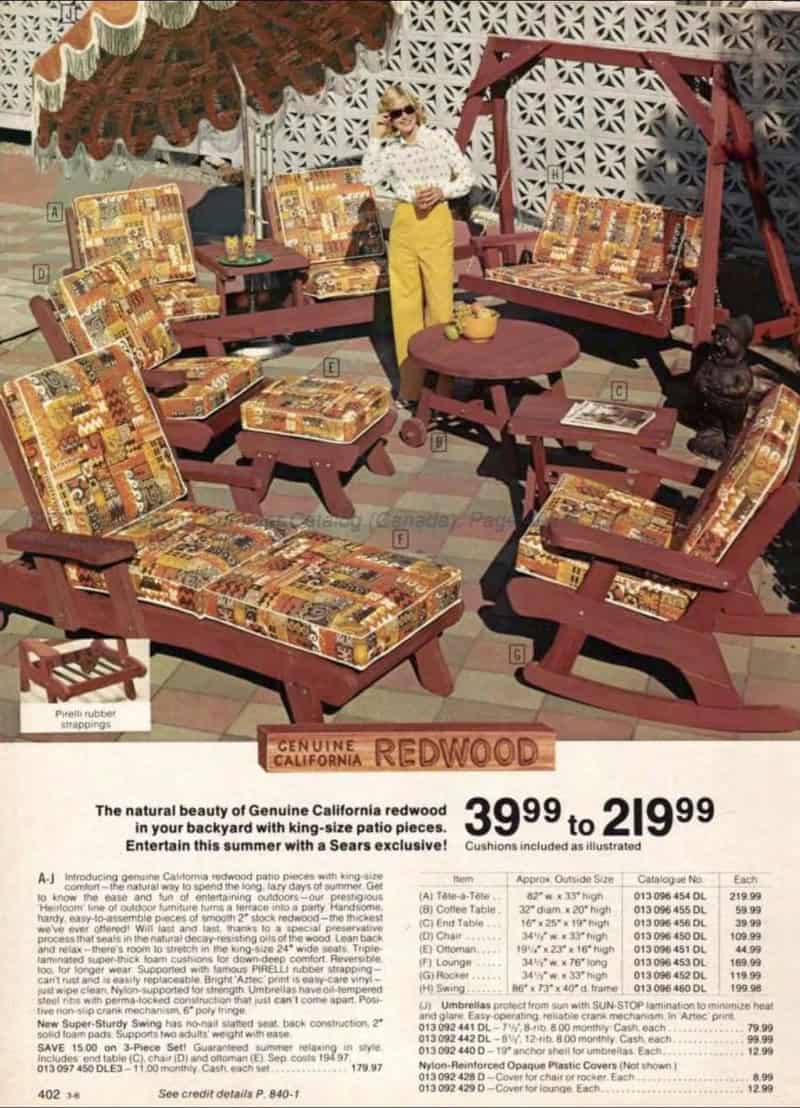 1970s Sears catalog page showcasing California redwood patio furniture set with bold Aztec-print cushions.