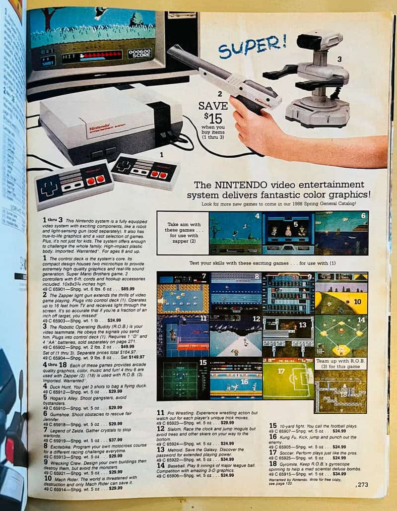Vintage 1988 Sears catalog page advertising the Nintendo Entertainment System with Zapper gun and R.O.B. accessory.