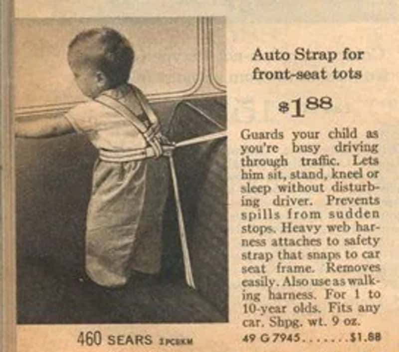 Disturbing vintage Sears catalog ad showing toddler harness "Auto Strap" used to restrain children in ca