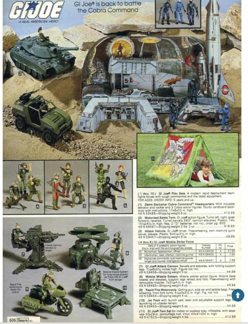 Vintage Sears catalog page featuring G.I. Joe Cobra Command playsets, action figures, and military toy vehicles.
