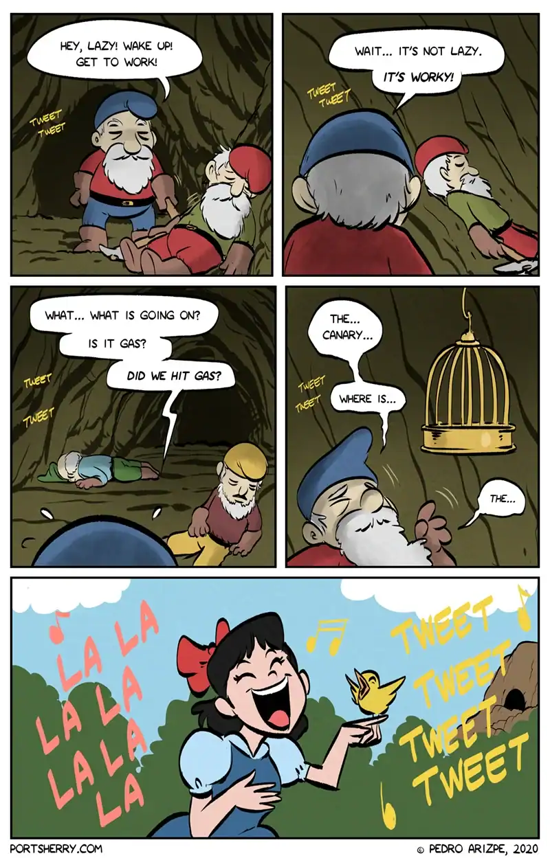 Port Sherry webcomic of dwarves realizing Snow White stole their canary after gas poisoning hits.