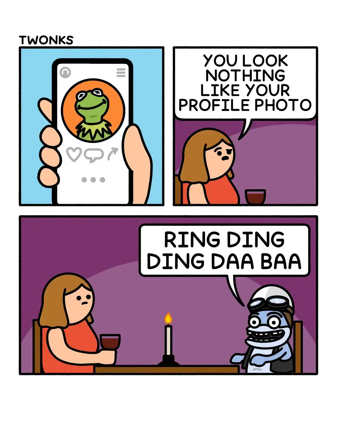 Twonks webcomic panel featuring a Crazy Frog showing up to a date using Kermit's profile photo.