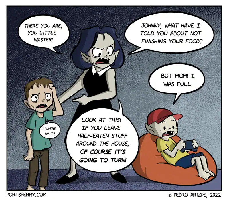 Port Sherry webcomic about a vampire mom scolding her son for leaving a half-turned victim.