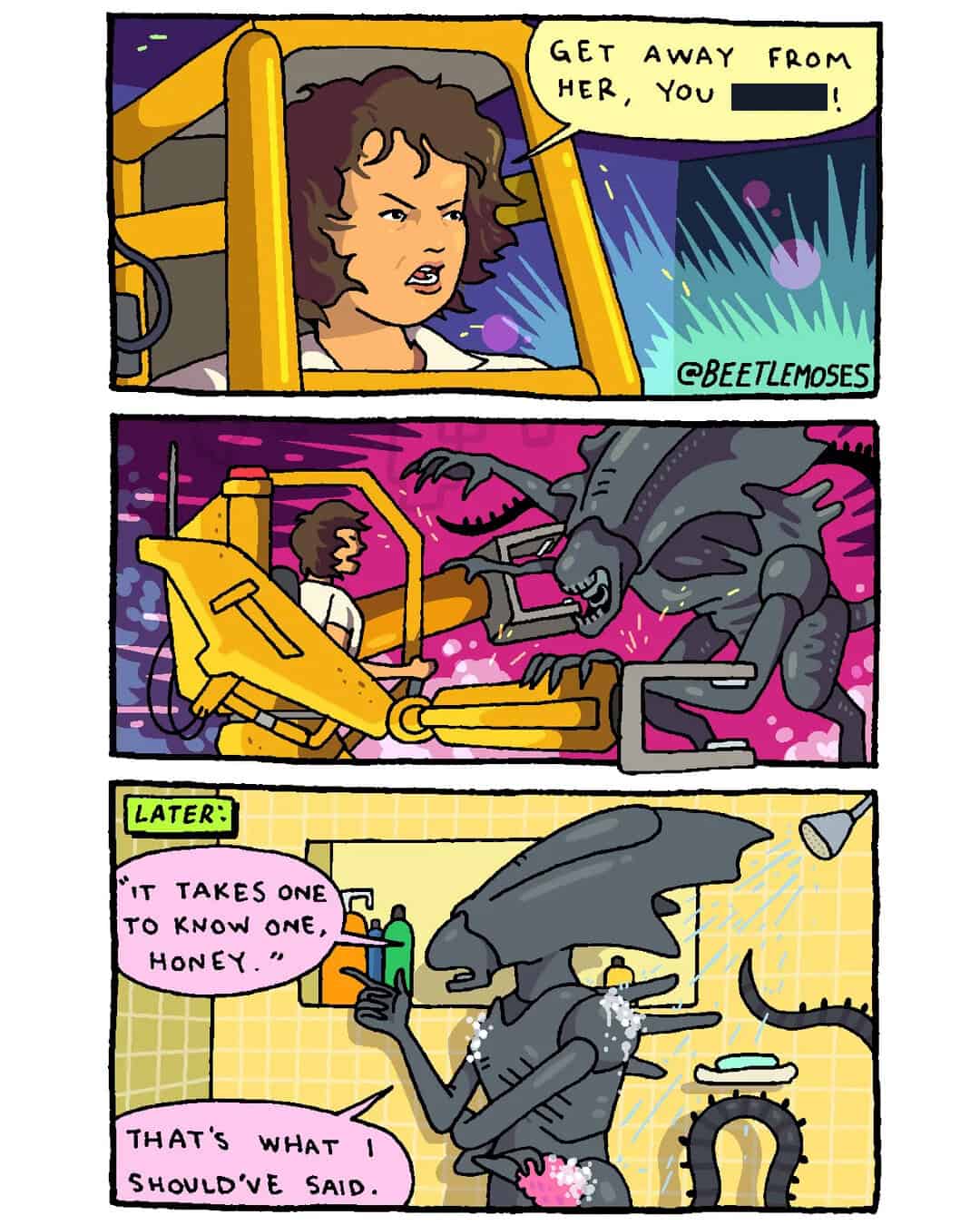 Beetle Moses webcomic reimagining the Aliens Ripley showdown with a sassy shower comeback afterward.