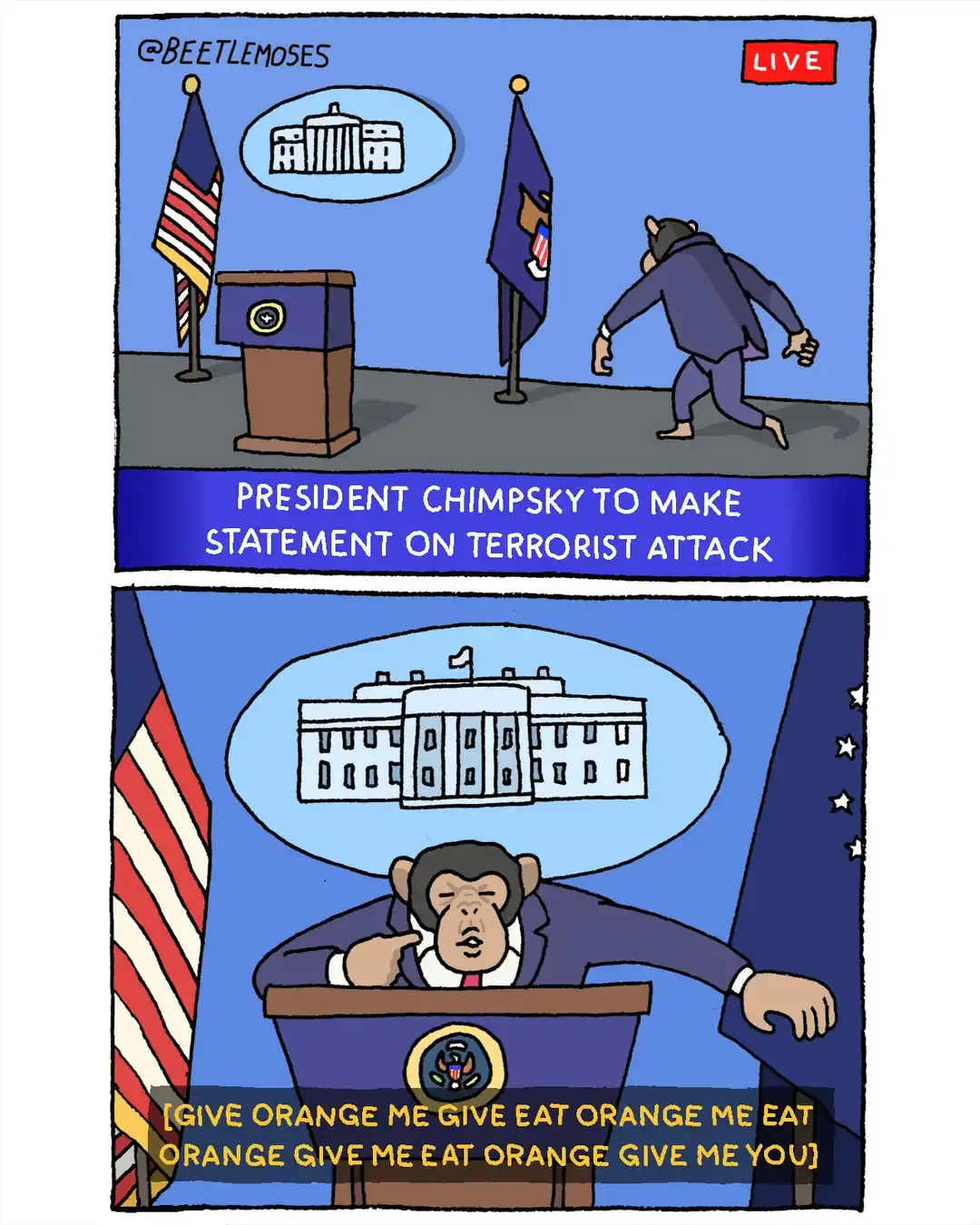 Satirical webcomic showing President Chimpsky addressing the nation using classic chimp sign language phrases.