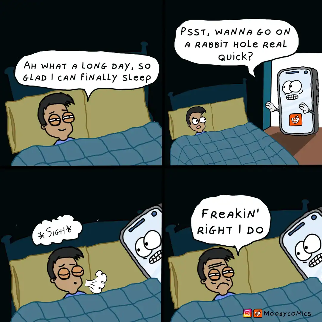 Mooby Comics panel of a tired man agreeing to a late night Reddit rabbit hole.