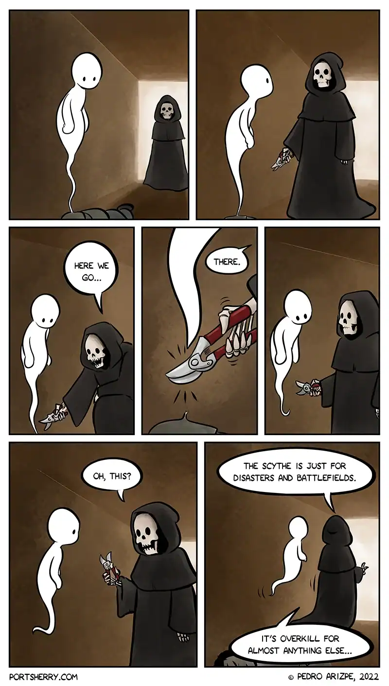 Port Sherry webcomic revealing the Grim Reaper uses pruning shears instead of a scythe indoors.