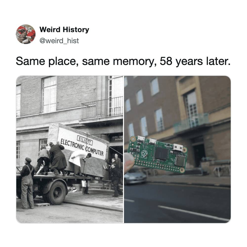 Side by side comparison of massive Elliott Electronic Computer being loaded on truck versus modern Raspberry Pi held at same location 58 years later