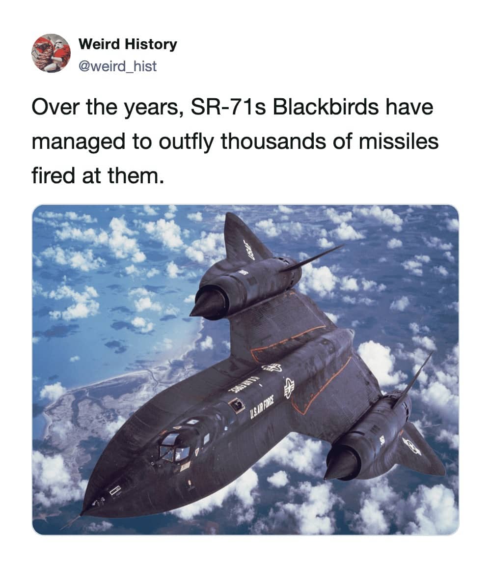 SR-71 Blackbird reconnaissance jet flying above clouds with caption about outrunning thousands of missiles fired at it