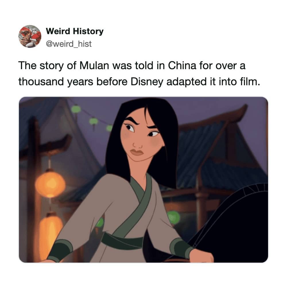 Disney animated film still of Mulan looking determined captioned that her story was told in China for over a thousand years before the film