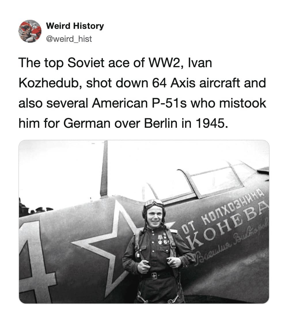 Soviet WW2 ace pilot Ivan Kozhedub smiling in front of his fighter plane after shooting down 64 Axis aircraft and several allied P-51s over Berlin