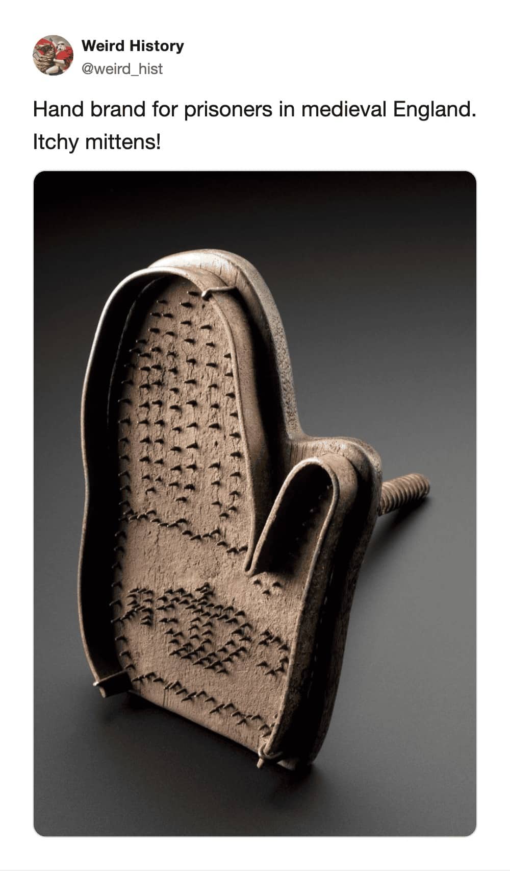 Medieval English iron spiked hand branding mitten torture device used on prisoners captioned itchy mittens