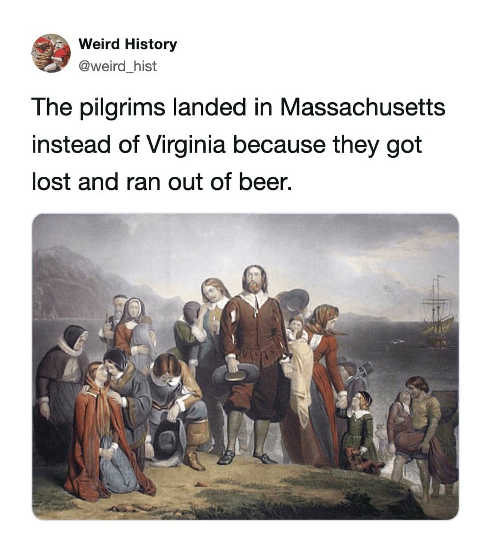 Historical painting of Pilgrims landing showing that they arrived in Massachusetts instead of Virginia after getting lost and running out of beer