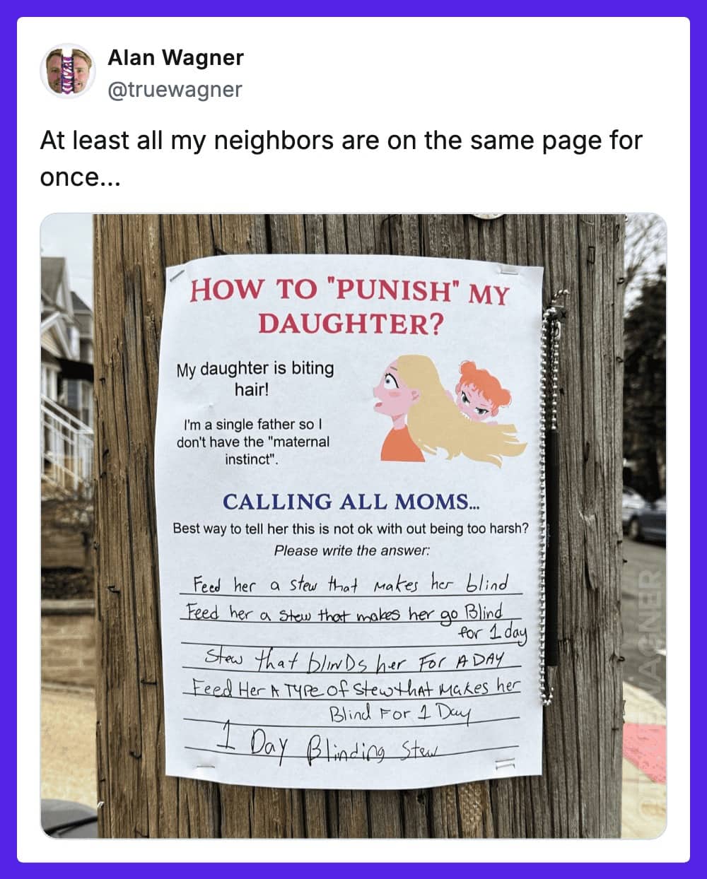 A bizarre community flyer about a biting child with neighbors suggesting a blinding stew as punishment.