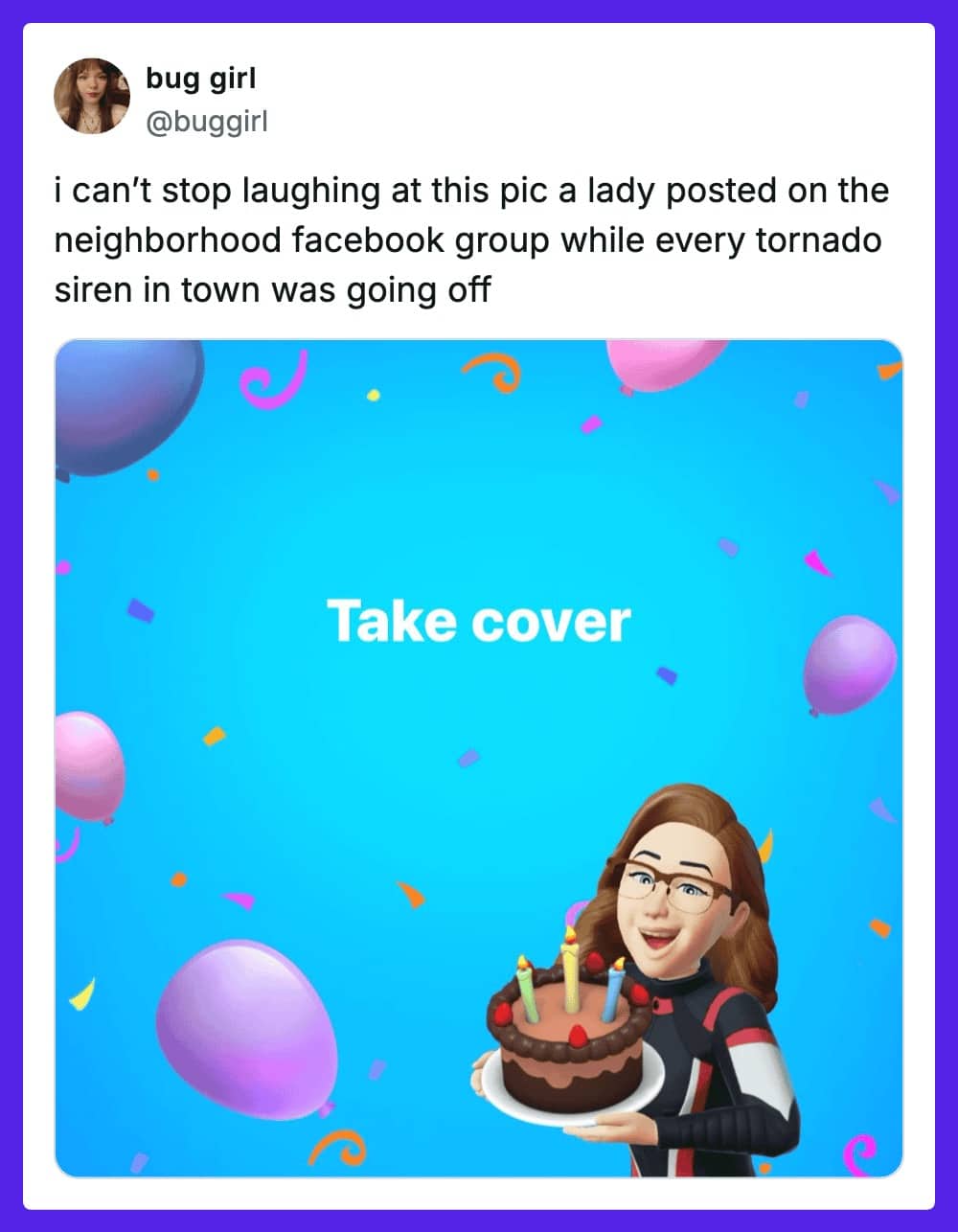 A Facebook post using a celebratory birthday background and avatar to warn about a tornado.