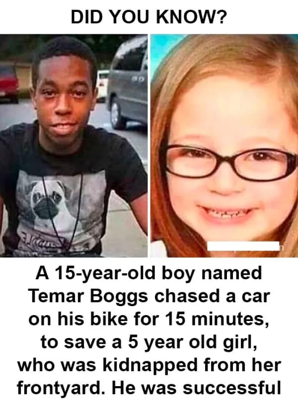 A heroic wholesome meme featuring photos of 15-year-old Temar Boggs and a young girl. The text tells the incredible story of Boggs chasing a kidnapper’s car on his bicycle for 15 minutes to successfully rescue a 5-year-old girl who had been snatched from her yard.