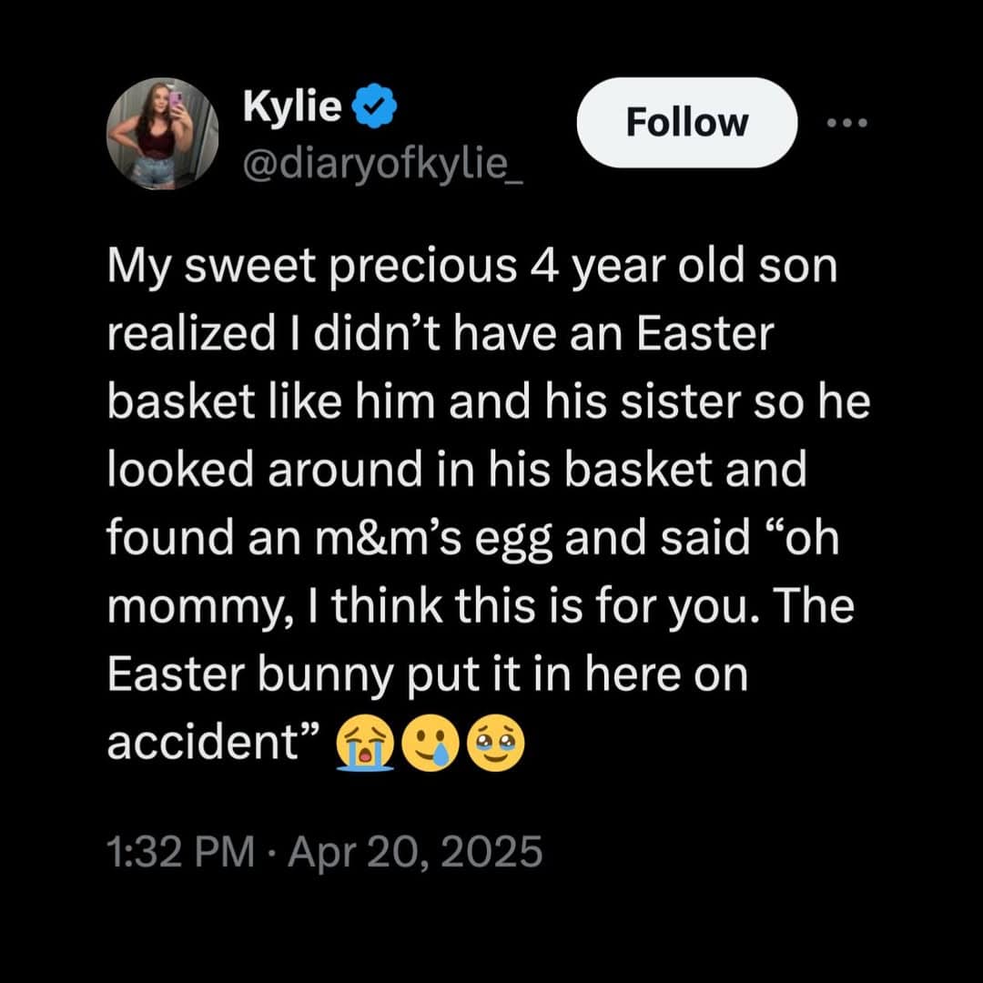 wholesome meme featuring a tweet by Kylie describing her 4-year-old son’s selfless Easter gesture. After noticing his mom didn’t have a basket, the boy offered her his own M&M's egg, sweetly claiming the Easter Bunny must have put it in his by "accident" just for her.