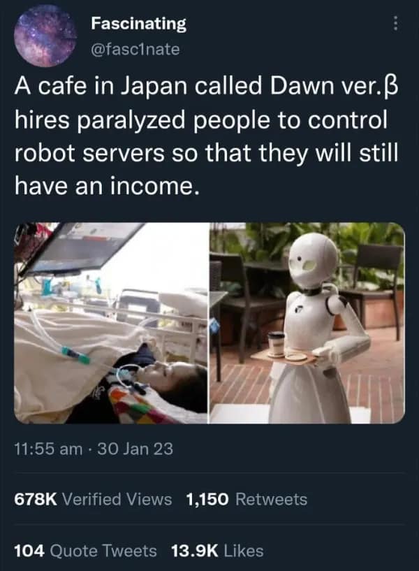 A visionary wholesome meme featuring Cafe Dawn ver.β in Japan. Side-by-side photos show a paralyzed person remotely operating a sleek white robot server via eye-tracking technology, a project designed to provide community and income to those with severe physical disabilities.