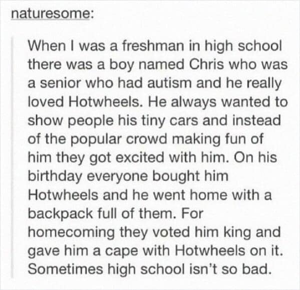 A text post serving as a wholesome meme tells the story of Chris, a high school senior with autism who loved HotWheels. Instead of bullying him, his entire school embraced his hobby, gifting him hundreds of cars and voting him homecoming king with a custom car-themed cape.