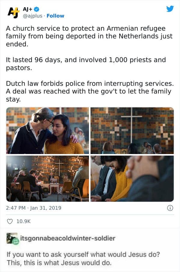 A screenshot of a news report about a heroic community effort. This wholesome meme describes how 1,000 priests and pastors in the Netherlands held a continuous 96-day church service to legally prevent police from deporting an Armenian refugee family until a deal was reached for them to stay.