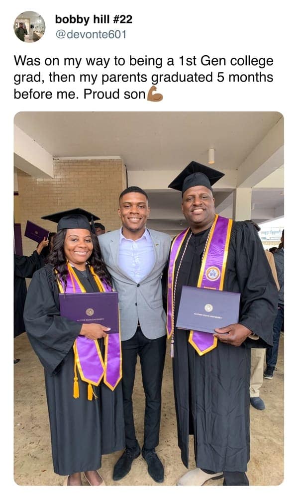 A celebratory wholesome meme tweet from @devonte601. It shows a photo of a young Black man in a suit flanked by his mother and father, both in graduation gowns. The caption explains that while he was set to be a "1st Gen" grad, his parents actually beat him to it by graduating 5 months earlier.