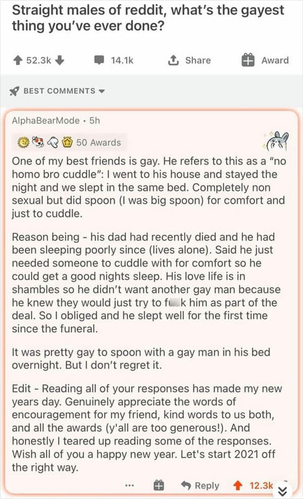 wholesome meme screenshot from Reddit. User AlphaBearMode shares a story about a "no homo bro cuddle" where he spooned his grieving gay best friend to help him sleep after his father died, proving that genuine platonic love and support have no boundaries.