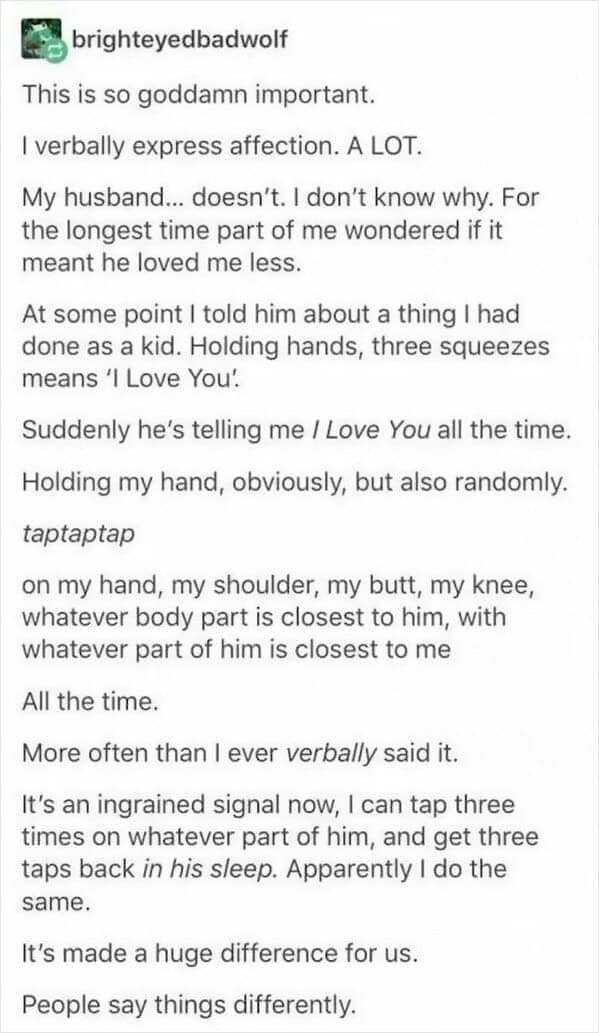 A touching wholesome meme describes a non-verbal love language used to bridge a communication gap. It details how a couple adopted the "three squeezes" rule as an ingrained signal for "I love you," allowing a husband who isn't verbally expressive to signal his affection through simple taps on a hand or shoulder, even in his sleep.