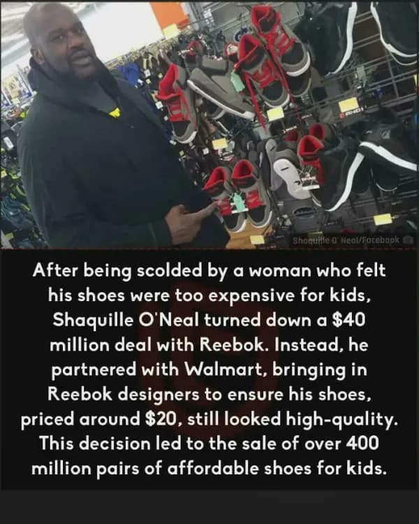 inspiring wholesome meme about Shaquille O’Neal's business ethics. The image explains how Shaq turned down a $40 million Reebok deal after being told his shoes were too expensive for kids, choosing instead to partner with Walmart to sell high-quality sneakers for $20—leading to over 400 million pairs sold.