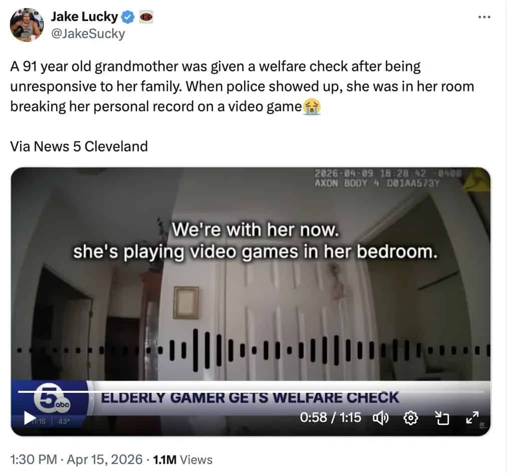 A viral 2026 news wholesome meme from Cleveland reporting on a 91-year-old grandmother who triggered a police welfare check by being "unresponsive." Upon arrival, police found her perfectly safe in her room, simply ignoring the world while breaking her personal record on a video game.