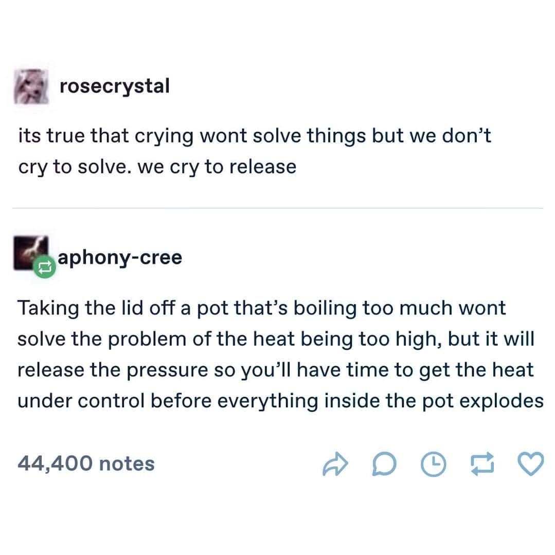 A thoughtful Tumblr thread acting as a wholesome meme compares the act of crying to taking the lid off a boiling pot of water. The metaphor explains that while crying doesn't solve the initial problem, it releases the internal pressure so you can handle the situation without exploding.