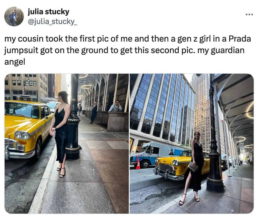 A side-by-side photo comparison in this wholesome meme shows the difference between a cousin's standard snapshot and a masterpiece taken by a helpful stranger. The stranger reportedly got down on the dirty pavement in a designer jumpsuit just to ensure the poster got the perfect angle.