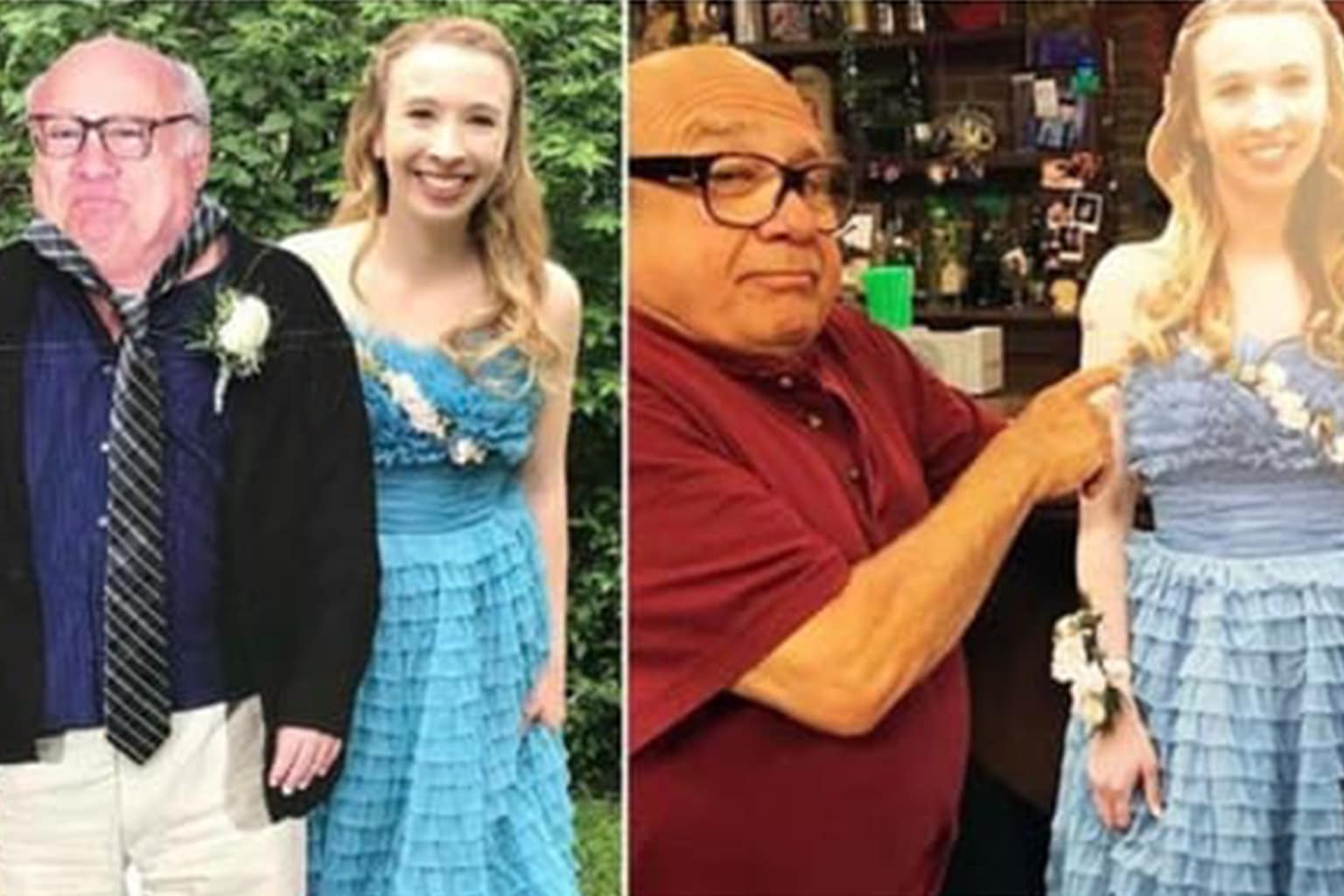 A wholesome memes gallery compilation featuring 1,000 priests holding a 96-day service to protect a refugee family, a blue 3D-printed birthday gift spelling out DAD for an adoptive uncle, and a professional school portrait of a golden retriever wearing a tie.