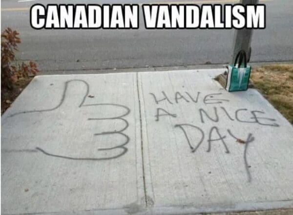 concrete sidewalk featuring "Canadian Vandalism." In a show of aggressive politeness, someone has spray-painted a giant "thumbs up" gesture on one slab and the message "HAVE A NICE DAY" on the next.